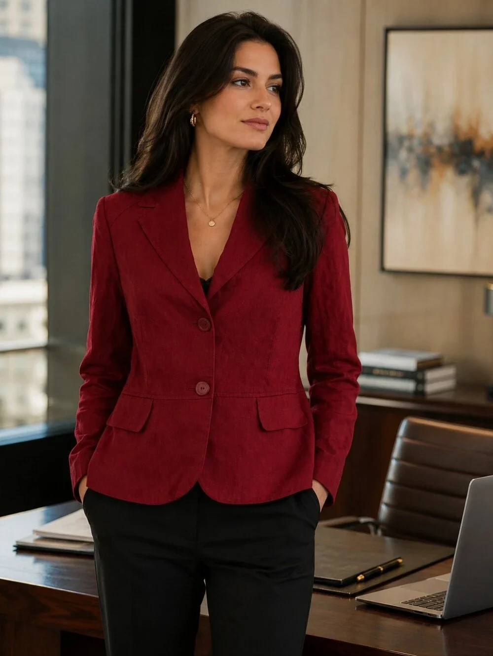 NWT Style & Co. Deep Red Two-Button Tailored 100% Linen Blazer Size 12